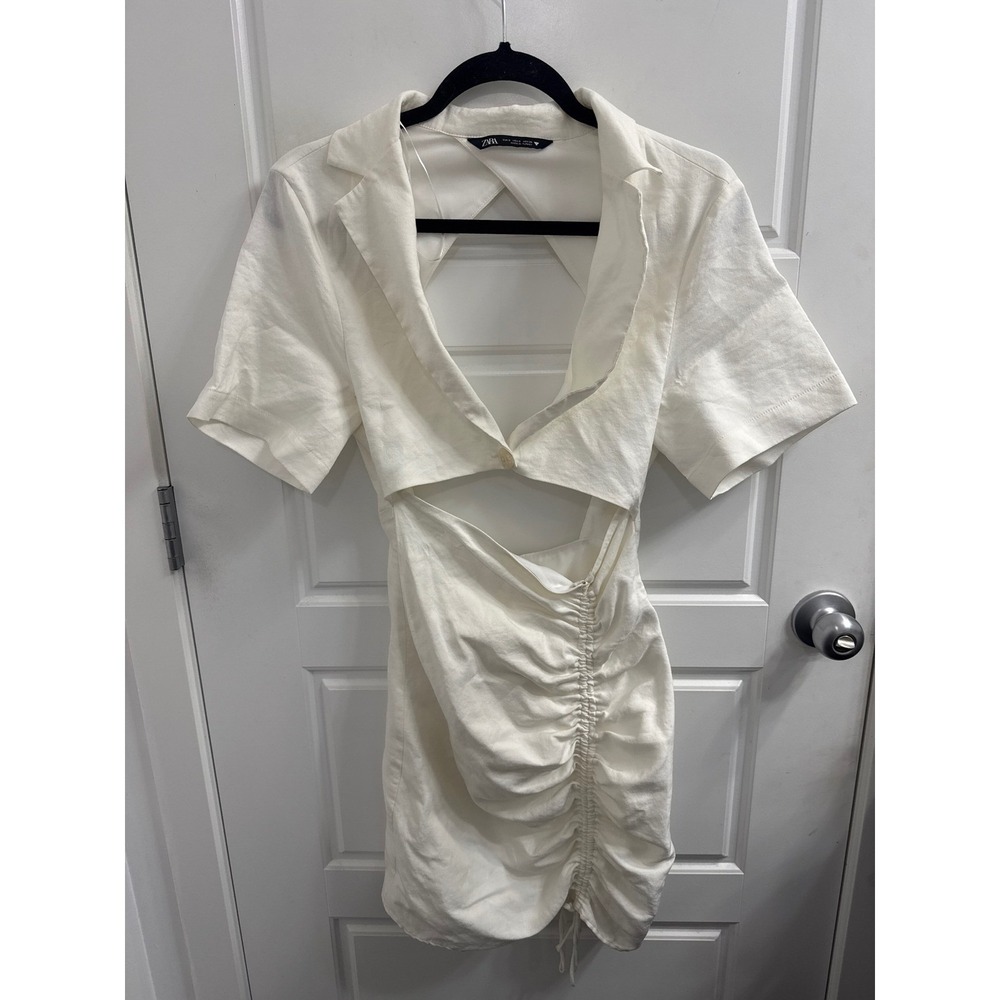 Zara White Linen Blend Cutout Ruched Mini Dress Open Back Short Sleeve Small